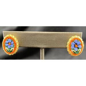 Micro Mosaic Earrings Flower Oval Gold Tone Clip On Stud Post 1.5" Italy